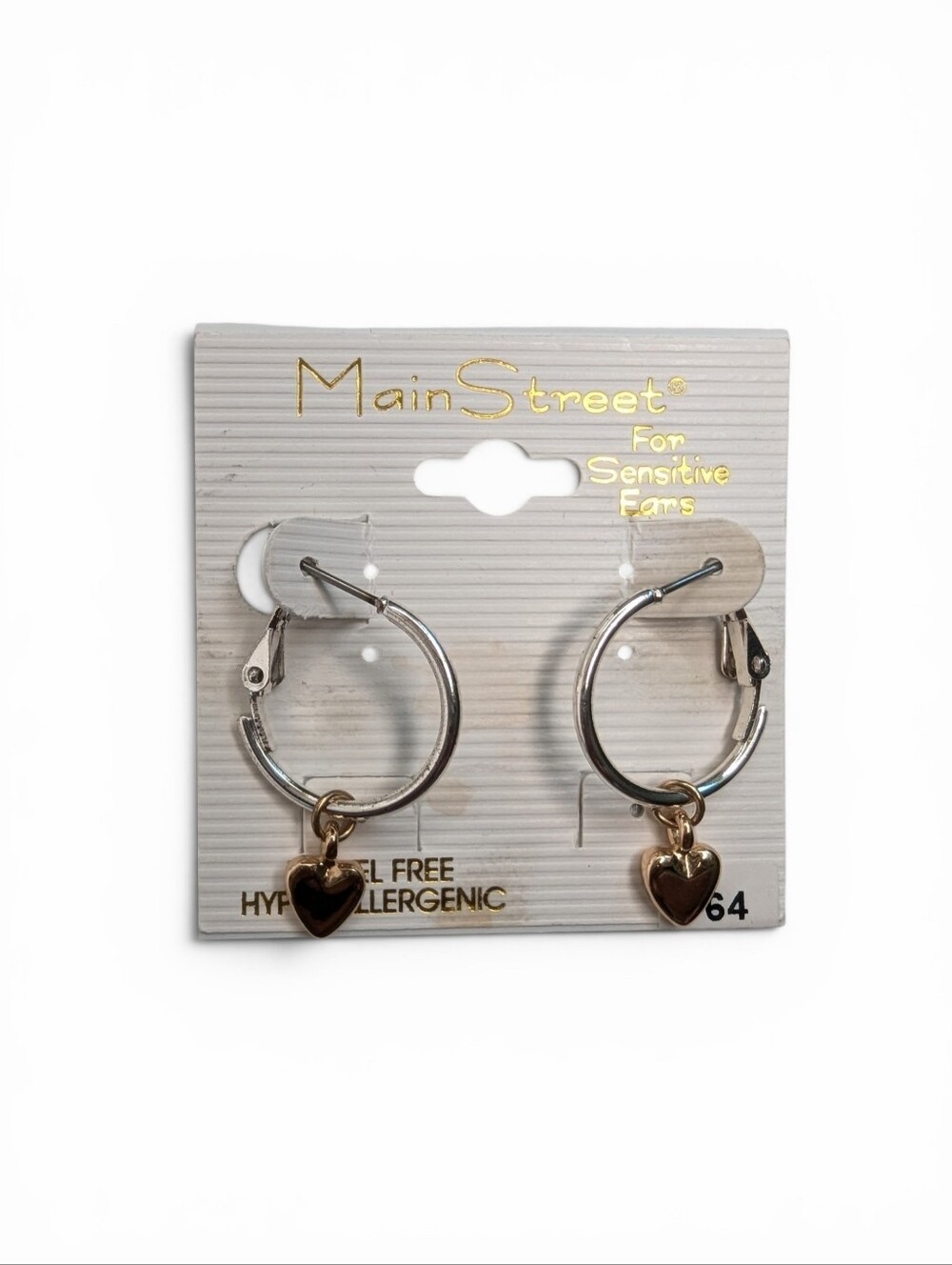 Main Street Hypoallergenic Silvertone Hoop Earrings with Goldtone Heart Charms